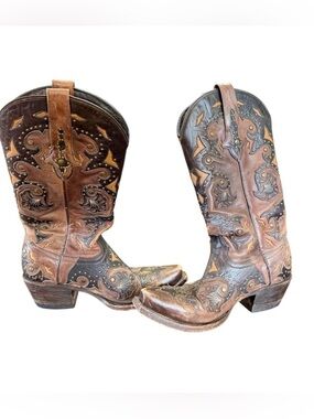 Lucchese Studded Brown Tooled Leather Western Cowboy Boots